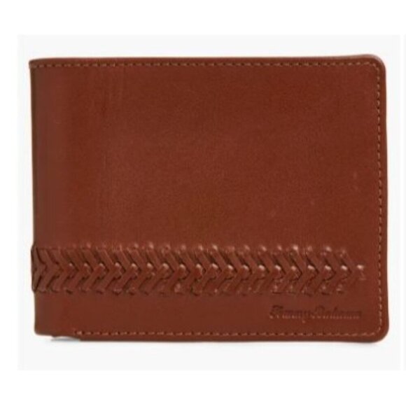 Tommy Bahama Mens Tan Leather Lace Details Bifold Wallet Gift Box New - Picture 2 of 6